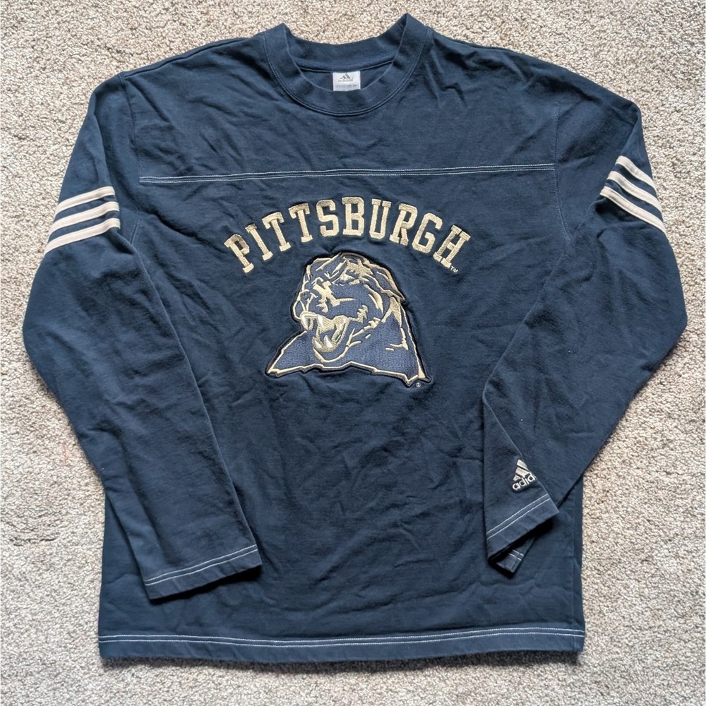 VTG adidas Sz XL Pittsburgh Pitt Panthers Long Sleeve Shirt Logo Blue Spirit